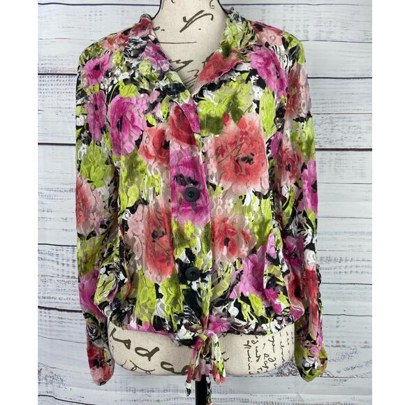 Linear Button Front Lace Shirt Womens M Floral Tie Front Roll Tab Nylon Stretch - Picture 1 of 15